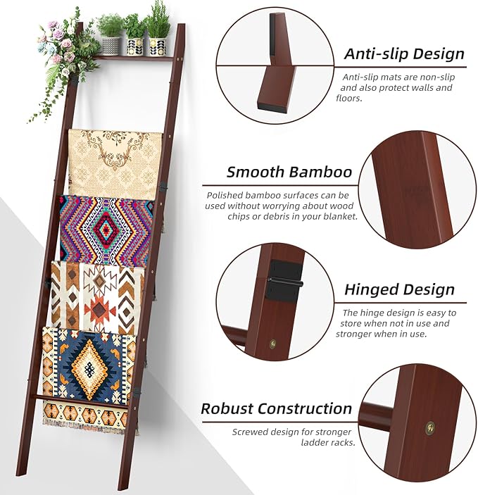 BAMBANG 6-Tier Blanket Ladder for Living Room, Blanket Quilt Ladder Rack Rustic Decorative Towel Holder, Wall Leaning Blanket