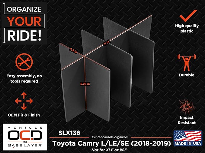 Vehicle OCD - Center Console Organizer for Toyota Camry L/LE/SE (2018-2019) (NOT for XLE or XSE) - Made in USA - SLX136