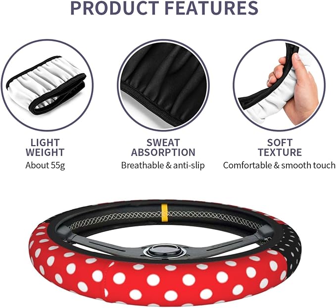 Black Polka Dot Red Bow Steering Wheel Cover,Cute Classic Universal Fit 14-15 inch Steering Wheel Cover for Women Men, Automo