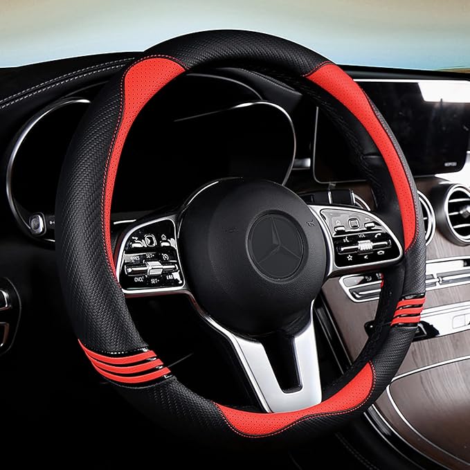 Iwantit® Premium Grip Steering Wheel Cover with Anti-Slip Rubber Ring, Made of Carbon Fiber & Breathable PU Leather, Universa