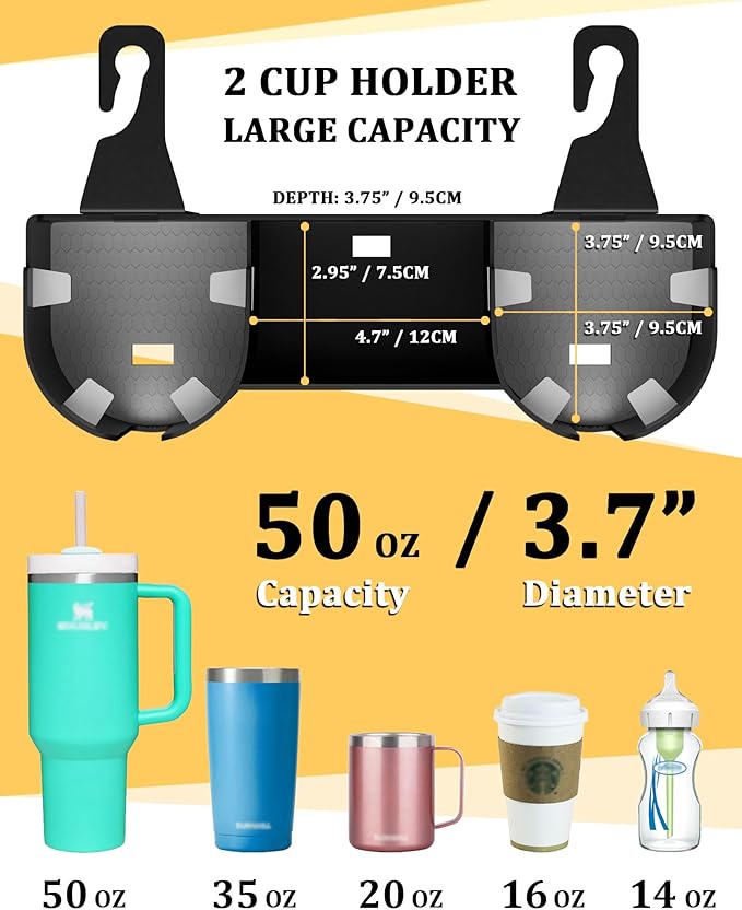 Car Headrest Backseat Cup Holder 3.7" with Organizer, High Capacity 4 in 1 Seat Back Organizer with Headrest Hooks, Multifunctional Storage for Car Travel Accessories Compatible with Most Vehicles