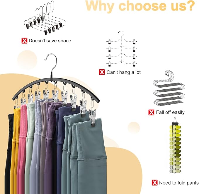 Legging Organizer for Closet, Metal Yoga Pants Hangers 4 Pack w/10 Clips Holds 40 Leggings, Space Saving Hanging Closet Organ