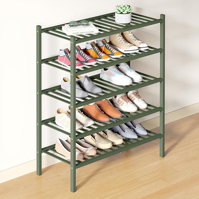 Smiry Bamboo Shoe Rack for Closet, 5 Tier Wooden Stackable Shoe Organizer, Free Standing Shoes Storage Shelf for Entryway, Fr