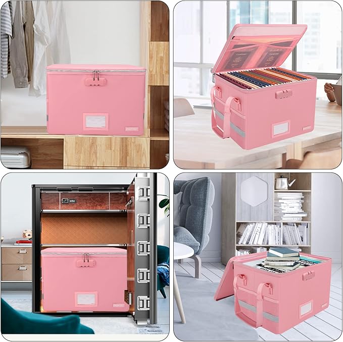 ENGPOW File Box with Lock, Fireproof Document Box with Zipper＆Pockets, Collapsible File Organizer Filing Storage Cabinet with