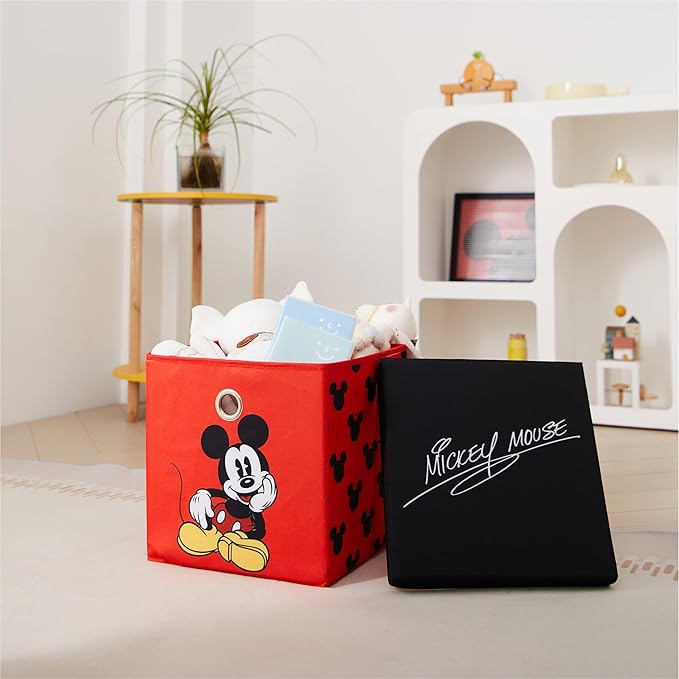 Idea Nuova Disney Mickey Mouse Collapsible Fabric Storage Cube,10” Organizer Bin with Lid for Bedroom, Playroom, and Closet