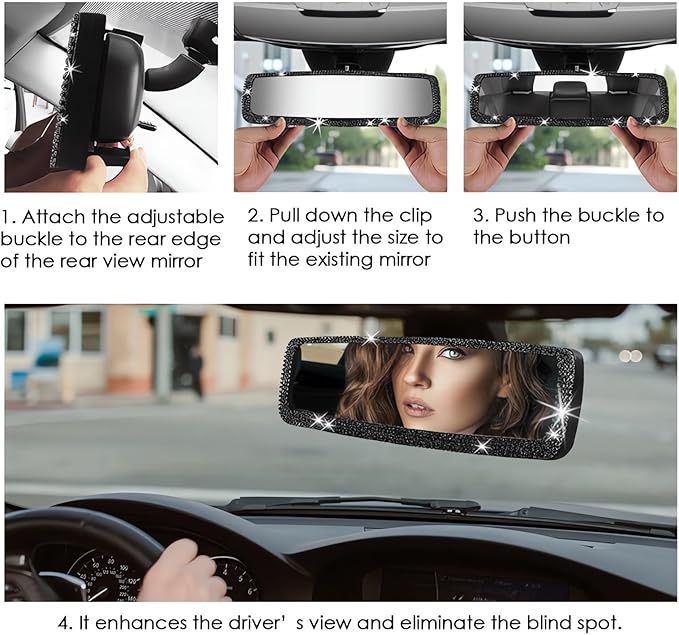 Bling Rhinestone Car Rearview Mirror - Car Accessories Crystal Diamond Decor for Women - Stylish Automotive Interior Accessory (Black)