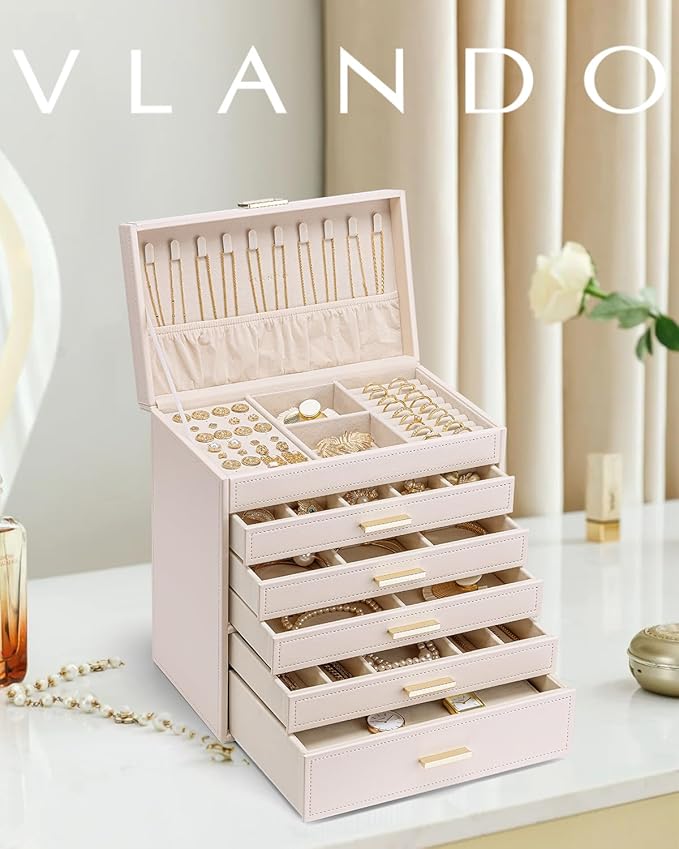 Vlando 6 Layer Large Jewelry Box - Jewelry Holder Organizer, Jewelry Box Organizer for Drawer Necklace Ring Bracelet and Watc