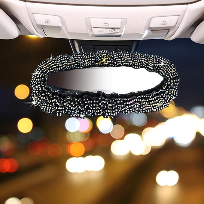 Bling Car Rearview Mirror Cover with Crystal Rhinestones Women's Full Drill Head Pillow Cover Interior Accessories - Universal Fit, Multicolor