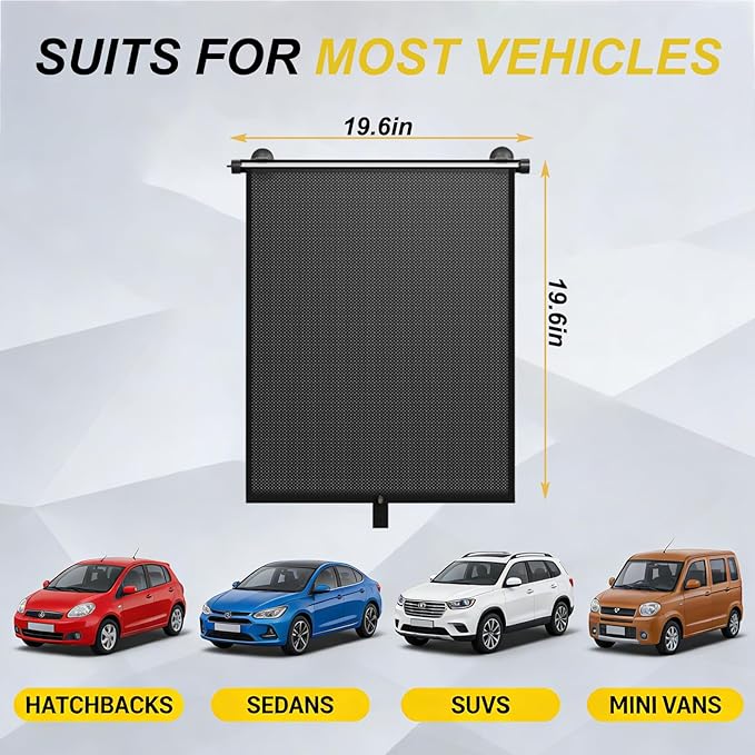 2 Pack Retractable Car Shades for Side Windows - Window Sun Shade for Car with Strong Suction Cups | Roller Shades UV Heat Block Sun Shade for Cars House Office Window (L:19.6"x19.6")