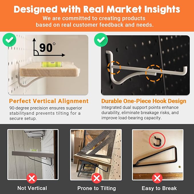 Solid Wood Pegboard Shelf, High Balance and No tilt, Pegboard Accessories, Wooden Pegboard Shelves for 1/4" Metal Pegboard, 2