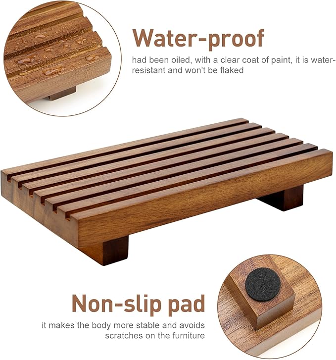 Acacia Wood Riser for Bathroom Sink Tray Kitchen Counter Decor Trays Pedestal Stand Sponge Soap Dish Holder Decorative Wooden