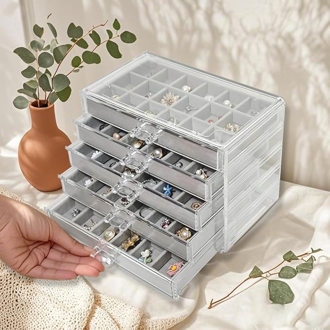 Acrylic Earring Holder Organizer with 5 Drawers Clear Earring Organizer Box with 90 Adjustable Grids Velvet Earring Display C
