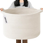 65L Large Woven Cotton Rope Blanket Basket with Handles, Laundry Hamper Storage Bin for Pillows, Comforters,Clothes, Toys, Nu