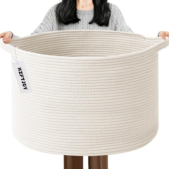 65L Large Woven Cotton Rope Blanket Basket with Handles, Laundry Hamper Storage Bin for Pillows, Comforters,Clothes, Toys, Nu