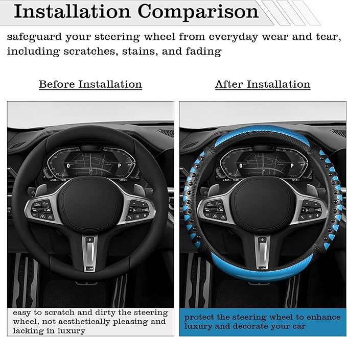Car Leather Steering Wheel Cover - Carbon Fibre Material, Universal 14.5-15 Inch Leather Anti-Slip Breathable Auto Steering W