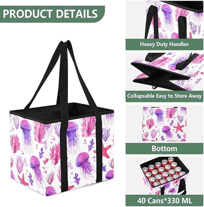 Corals Jellyfish Reusable Grocery Bags Large Waterproof Grocery Tote Bag Heavy Duty Foldable Tote Bags with Long Handles & Ha