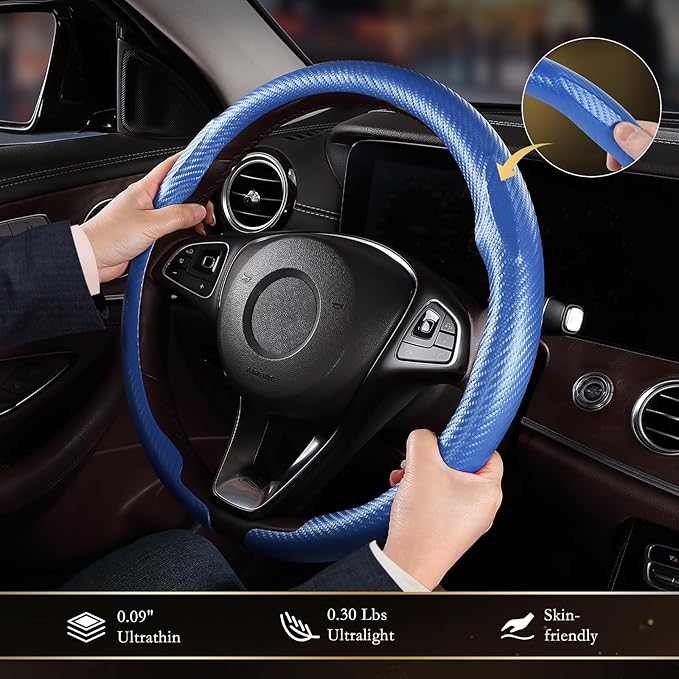 Aimato Car Steering Wheel Cover Carbon Fiber, Ultra-Thin Car Steering Wheel Cover,Comfortable & Breathable Microfiber,Universal Fit for Most Cars, Matte Blue