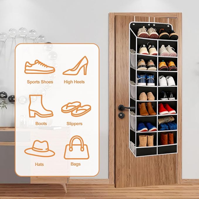 8-Layer Over The Door Shoe Organizer with 16 Compartments, Pockets Heavy-Duty Non-Woven Fabric Hanging Shoes Storage Rack,Han