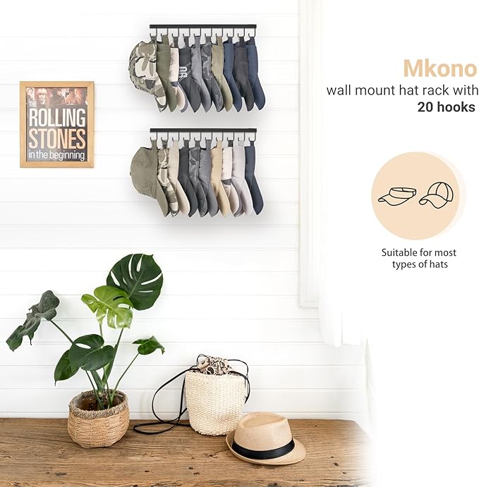 Mkono Hat Rack for Wall Hat Storage Organizer for 40 Baseball Caps, Modern Metal Closet Hat Hooks, Wall Mount Ball Caps Holde