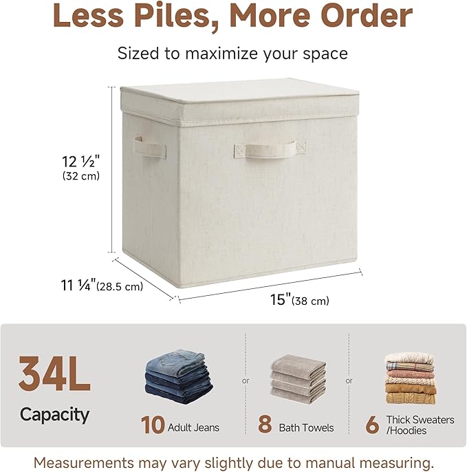 StorageWorks Fabric Storage Bins with Lids, Stackable Closet Storage Boxes with Handles, Decorative Storage Organizers, 15" x