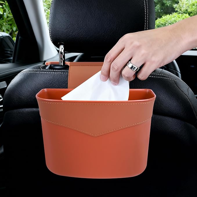 Car Trash Can for Seat Headrest, Mini Automotive Front Back Seat Garbage Can, Leakproof Vehicle Hanging Trash Cans, Multi-purpose Auto Garbage Bin & Storage Organizer, Car Accessories (Orange)