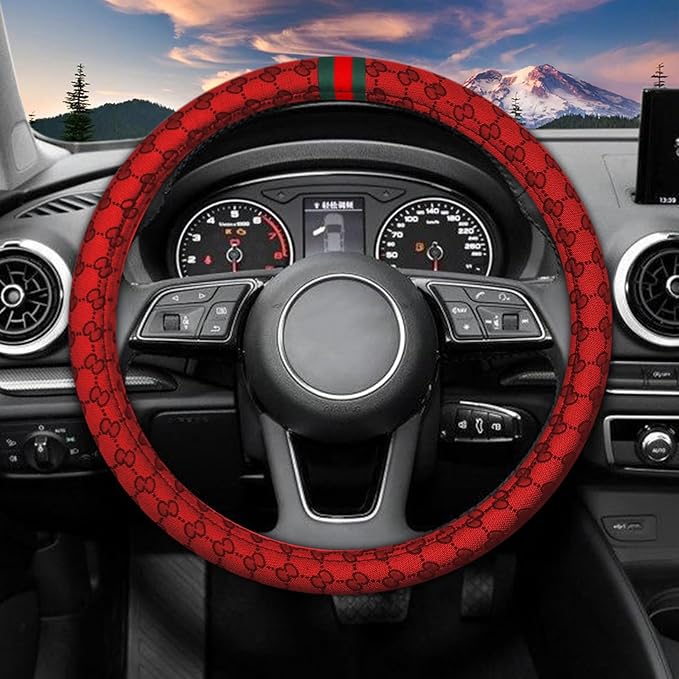 5PCS Steering Wheel Cover, with 2 Headrests, 2 Seat Belt Covers - Universal Fit for 14.5-15" Steering Wheel, Enhances Driving Experience - Perfect for Women (Red)