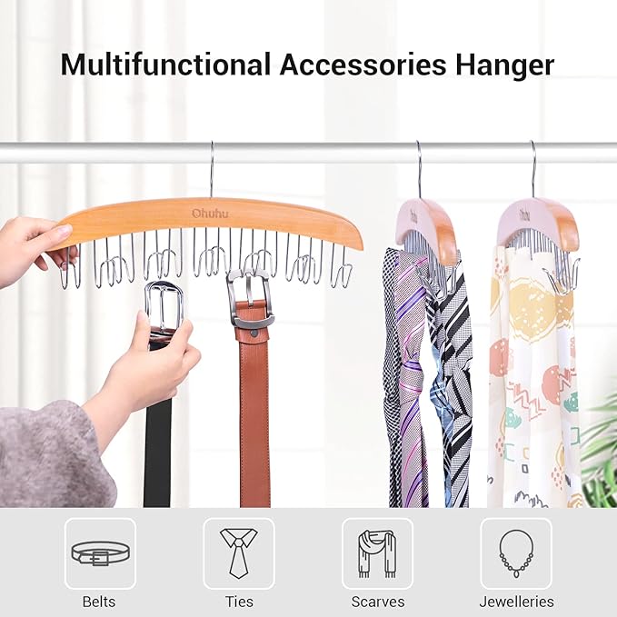 Belt Hanger Organizer for Closet: Ohuhu 2 Pack 12 Hooks Max 36 Belts Tie Rack Wooden Belt Holder for Storage 360 Degree Rotat