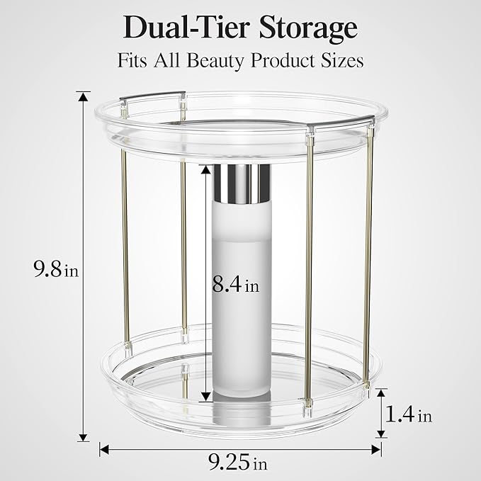 Delamu Rotating Makeup Organizer for Vanity, 2 Tier Skincare Organizer for Bathroom Counter, Spinning Perfume Organizer Cosme