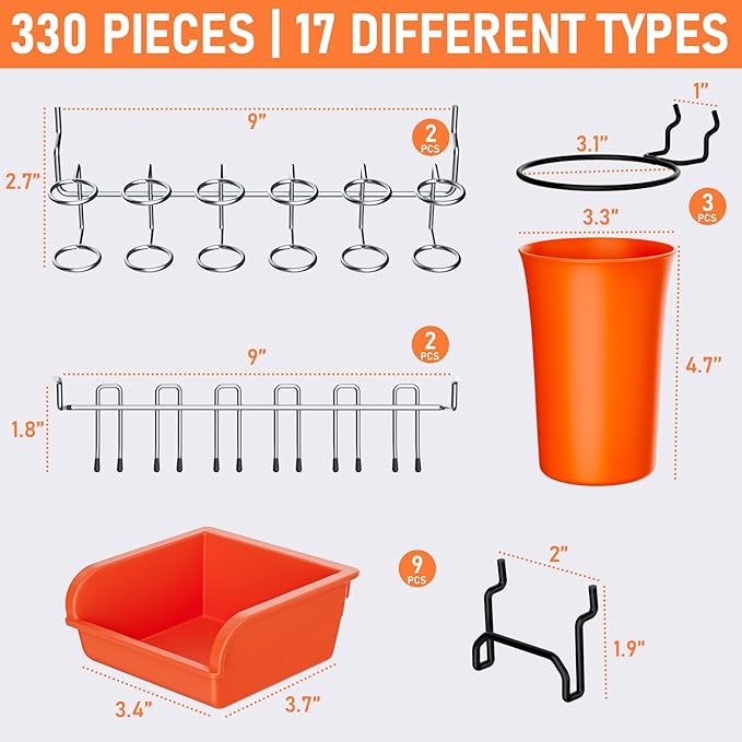 INCLY 330PCS Upgraded Pegboard Accessories Organizer Kit, Peg Board Hooks Assortment with Bins & Cups for Organizing Tools, F