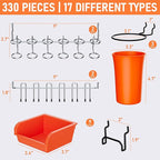 INCLY 330PCS Upgraded Pegboard Accessories Organizer Kit, Peg Board Hooks Assortment with Bins & Cups for Organizing Tools, F