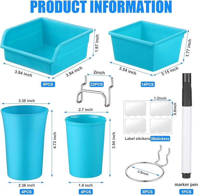 Sieral 64 Pieces Pegboard Bins Pegboard Cups with Hooks and Loops Peg Hooks Assortment Organizer Accessory for Organizing Acc