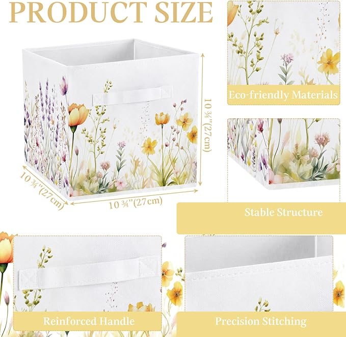 Geelin 6 Pcs WildFlower Cube Storage Bins 11 Inch White Storage Basket with Handle, Preppy Girls Organizer Basket, Collapsibl