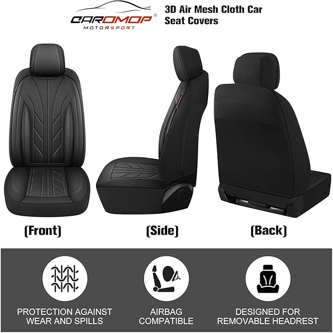 CAROMOP Luxury Faux Leather&Fabric Car Seat Covers 2 Front Seats with Breathable 3D Foam Back Support, Universal Seat Covers 