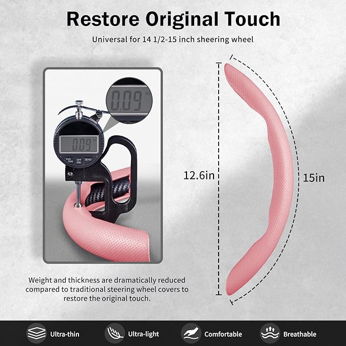Nappa Leather Car Steering Wheel Cover for Men Women, Ultra-Thin Non-Slip Breathable Microfibre, Universal for 14.5"-15" Stee