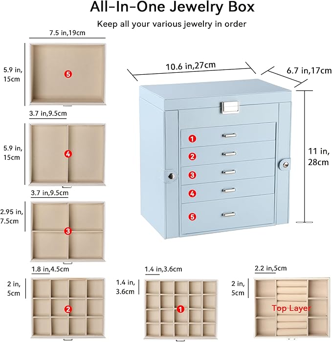 Frebeauty Large Jewelry Box,6-Tier PU Leather Jewelry Organizer,Multi-functional Storage Case with Mirror,Accessories Holder 