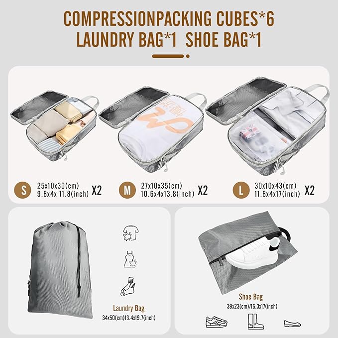 8 Set Compression Packing Cubes for Travel, Expandable Luggage Organizer with Shoe Bag & Laundry Bag - Lightweight Suitcase &