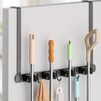 Broom Holder Over The Door - 304 Stainless Steel Mop and Broom Holder Wall Mounted or Hanging Over The Door with Hooks - Broo