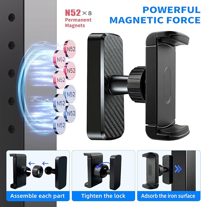 Magnetic Phone Holder for Gym- 360° Adjustable Strong Magnet Phone Mount for Video Recording, Compatible with iPhone, Android, All Smartphones, Gym Accessories for Men& Women