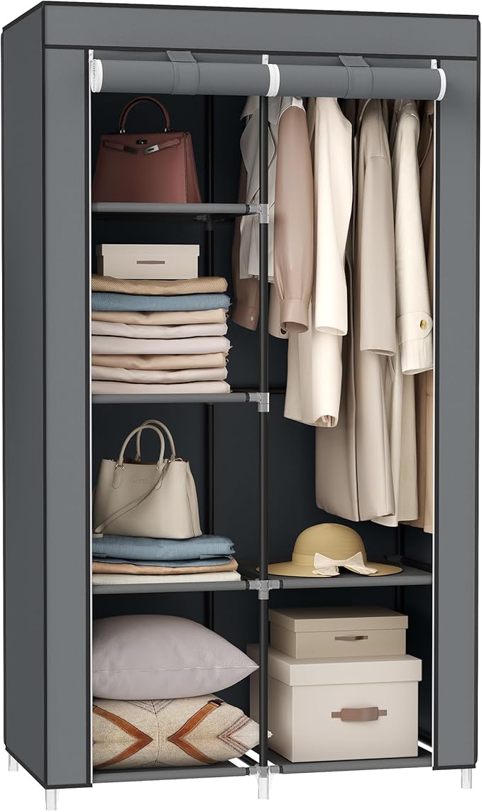 SONGMICS Portable Closet, Fabric Wardrobe, Clothes Rack with Shelves, Pockets, Large Capacity, 1 Hanging Rod, 34.6 x 17.7 x 6