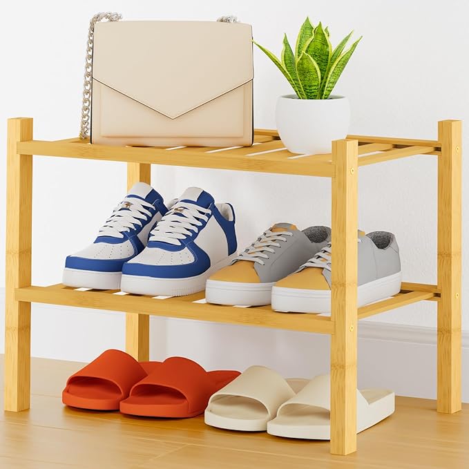 Smiry Shoe Rack, 2 Tier Thick Small Bamboo Shoe Organizer, Stackable Free Standing Wooden Shoe Storage Shelf for Closet, Entr