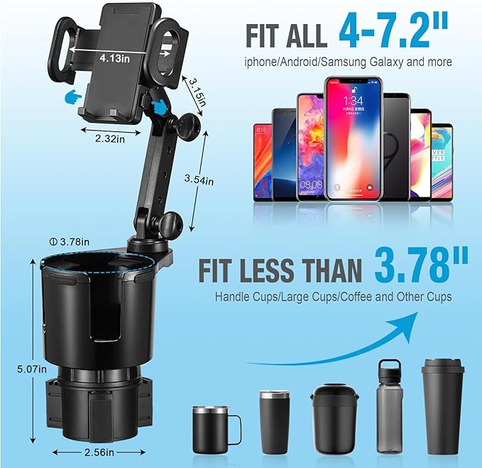 Cup Holder Phone Mount, 2 in 1 Cup Holder Expander for Car Long Arm with 360°Rotation Cup Holder Cell Phone Holder for Car Co