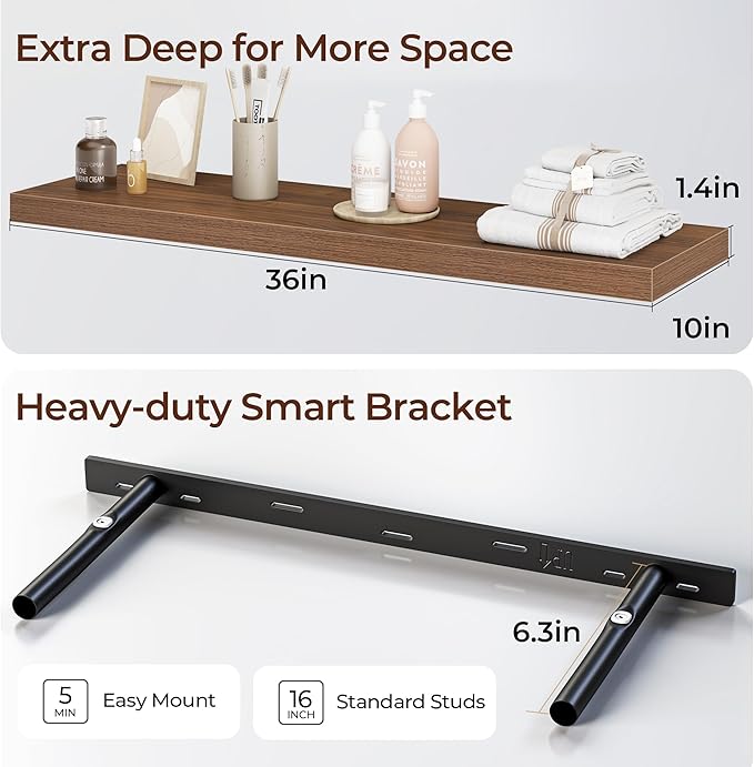 Fun Memories Floating Shelves for Wall 36 Inch Set of 3, Farmhouse Floating Shelves with Invisible Heavy Duty Bracket, 10 Inc