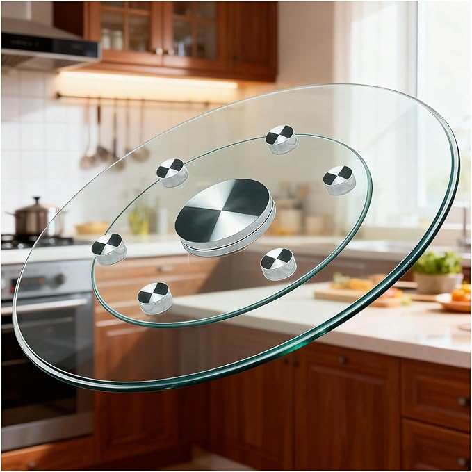 23" Large Glass Lazy Susan for Dining Table Kitchen Round Clear Turntable Serving Tray with 6 Rotating Wheels, Spin Table Cen