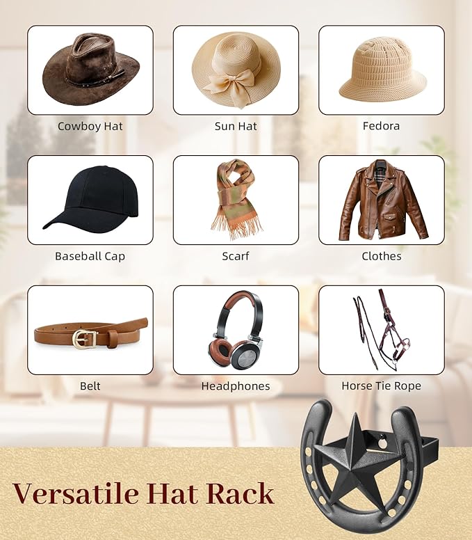 Cowboy Hat Hook for Wall, 4 Pack Cowboy Hat Rack, Metal Horseshoe Hanger, Hat Organizer, Western Hook for Wall, Hat Holder Di