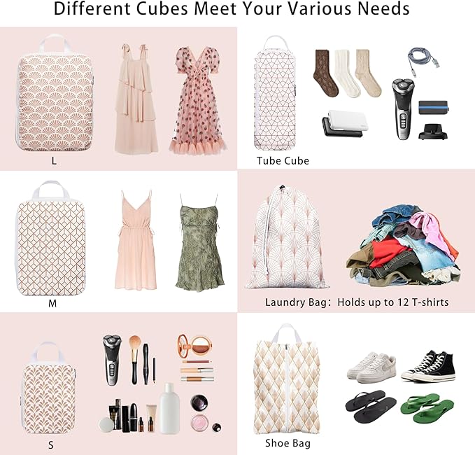 6 Pcs Compression Packing Cubes, Packing Cubes for Travel, Waterproof Luggage Organizer Bags Set, Cute Packaging Cubes for Wo