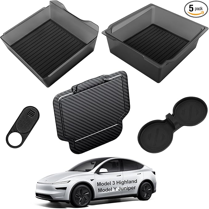 2025 Tesla Model 3 Highland & Model Y Juniper Center Console Organizer Tray 5PCS Set for 2024-2026, Hidden Storage Box with Cup Holder and Armrest Drawer Organizer, Matte Black, Tesla Accessories