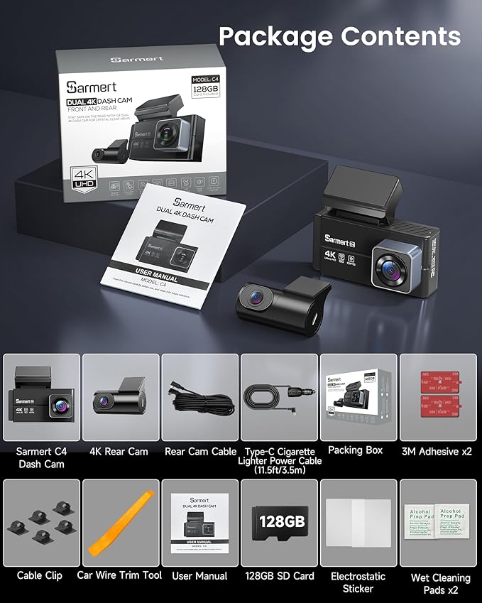 Dash Cam Front and Rear - Sarmert C4 Dual 4K Built-in GPS and 5G WiFi, Free 128GB Card Included, HDR Night Vision, WDR, 4K UH
