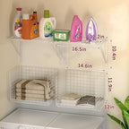 2 Pack Laundry Room Shelves Wall Mounted with Wire Baskets, Over the Washer and Dryer Shelf with Clothes Drying Rack, 8 Hooks