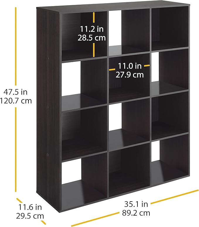 Whitmor 12 Cube Bookcase, 4 Tier Stackable MDF Bookself, Open Storage Display Organizer, Storage Cabinet for Living Room, Bed