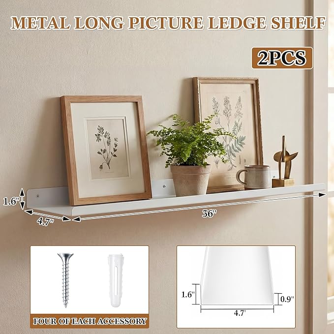 Pinkunn 2 Pack 36 Inch Metal Floating Picture Ledge Shelves, Wall Mounted Picture Shelf with Lip Heavy Duty Industrial Iron D